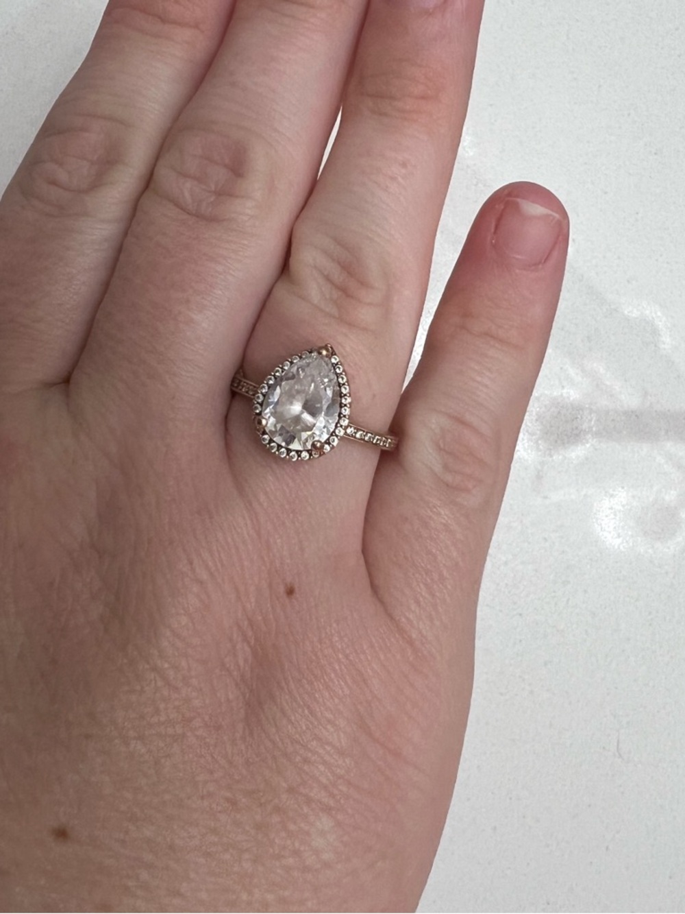 Pandora Rose Gold Teardrop Halo Ring with Clear Stone Size 7.5 - Picture 4 of 13